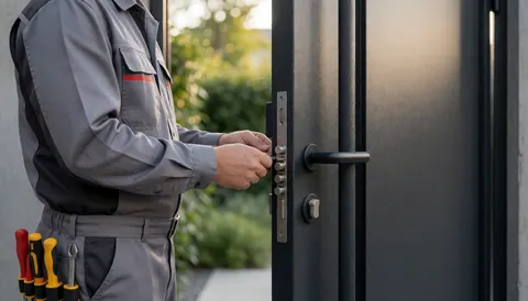 Locksmith adjusting a lock on a black door, with tools visible in the background.