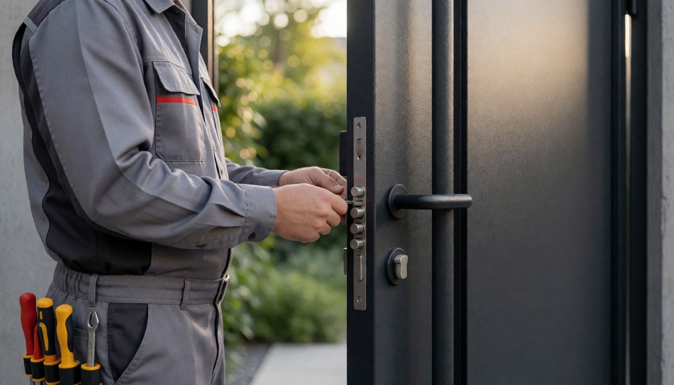 Locksmith adjusting a lock on a black door, with tools visible in the background.