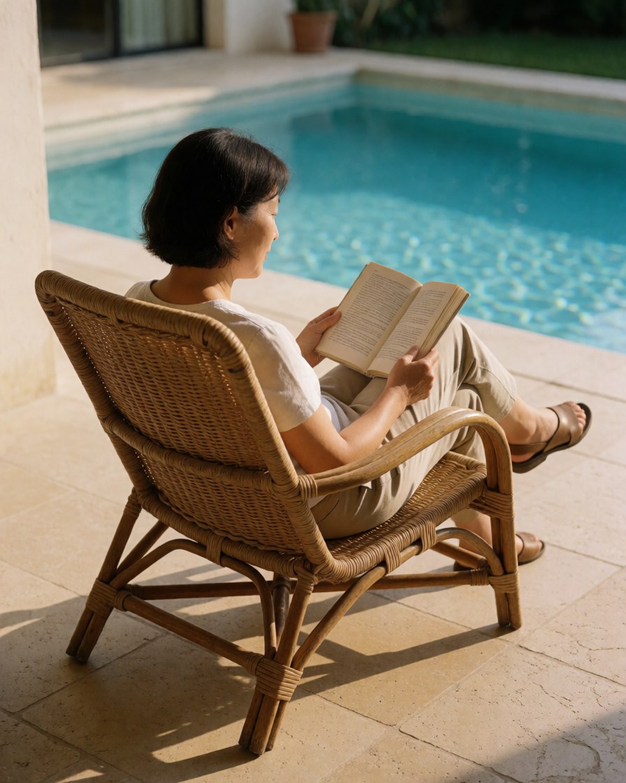 A woman reads a book in a rattan chair beside a blue pool on a tiled terrace with sunlight, ideal for a vacation home.