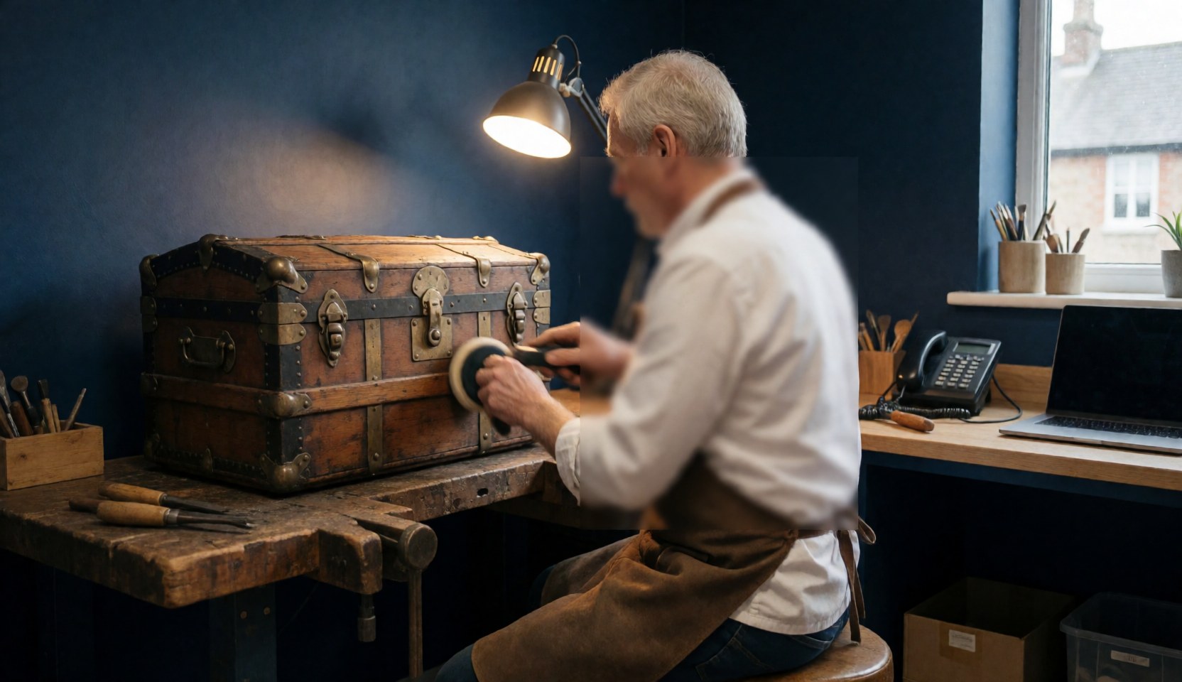 Carpenter restoring an antique trunk with bronze bands in a workshop with blue walls and warm light