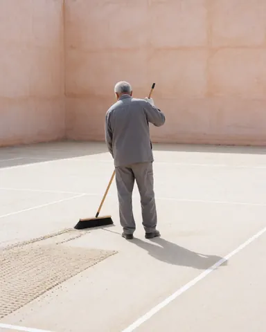 Worker using a shovel on a tennis court with terracotta walls and sand surface, showing installation service