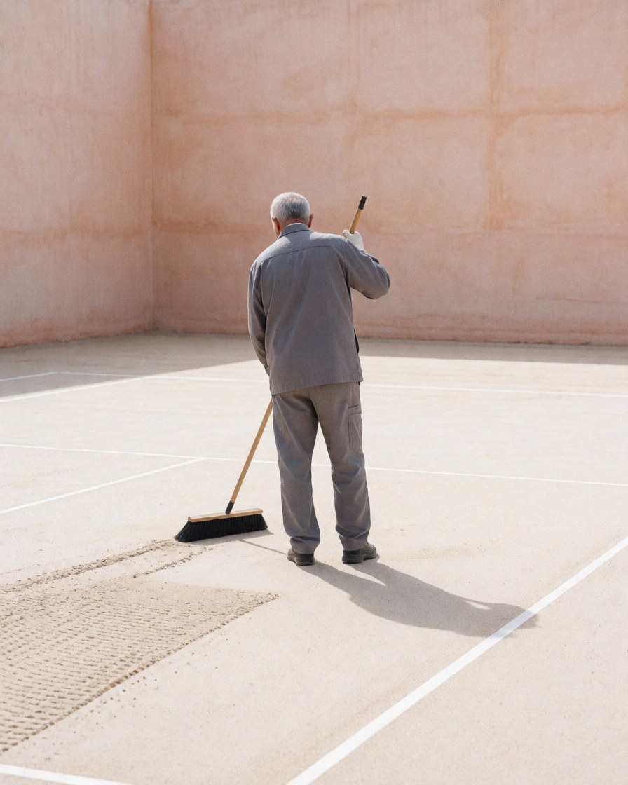 Worker using a shovel on a tennis court with terracotta walls and sand surface, showing installation service