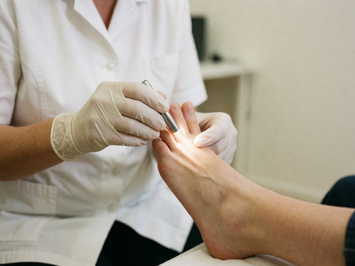 A podiatrist in gloves examines a patient's foot using a medical light in a clean clinic.