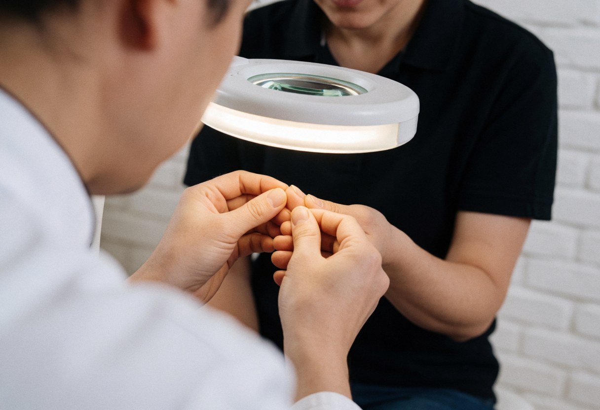 Close-up of a podiatrist using a magnifying glass to examine a patient's toenail in a clinic with a white brick wall.