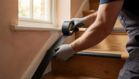 Worker applying black non-slip tape to the corner of a wooden staircase near a window with natural light and terracotta plaster wall