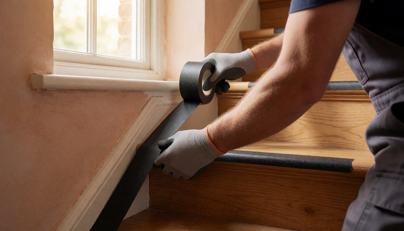 Worker applying black non-slip tape to the corner of a wooden staircase near a window with natural light and terracotta plaster wall