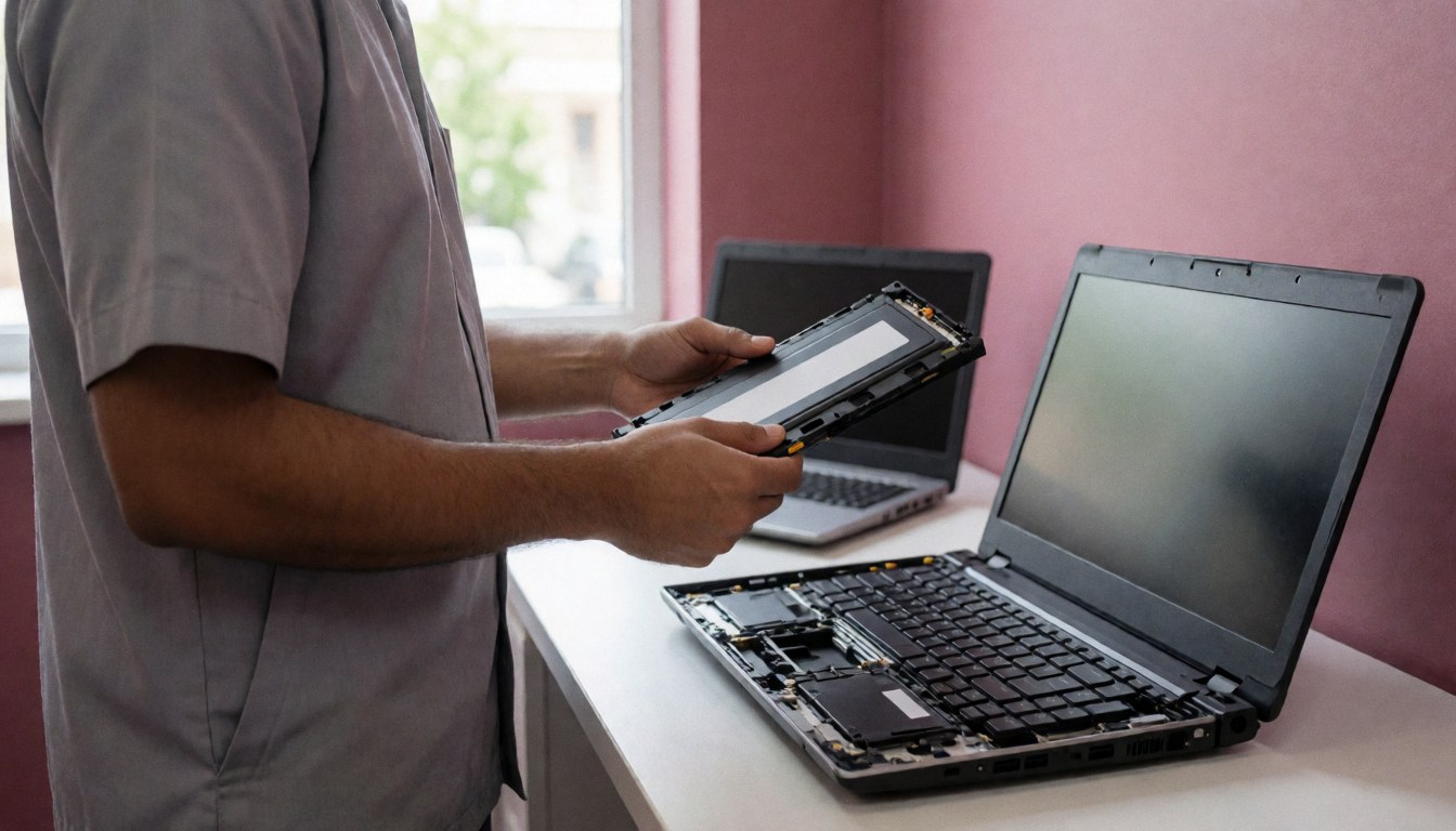 Technician repairing laptop with new battery, pink wall, natural light, realistic and professional scene.