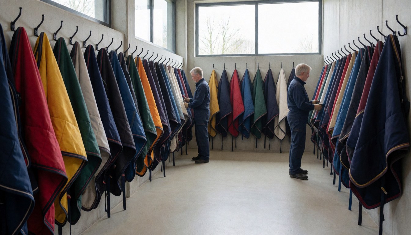 Two men checking horse blankets hanging in a stable workshop with concrete walls and large windows