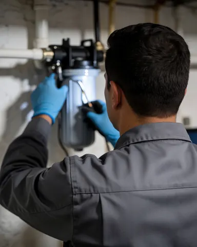 Technician adjusting a magnetic filter on a basement wall with pipes, showing boiler repair service in action.