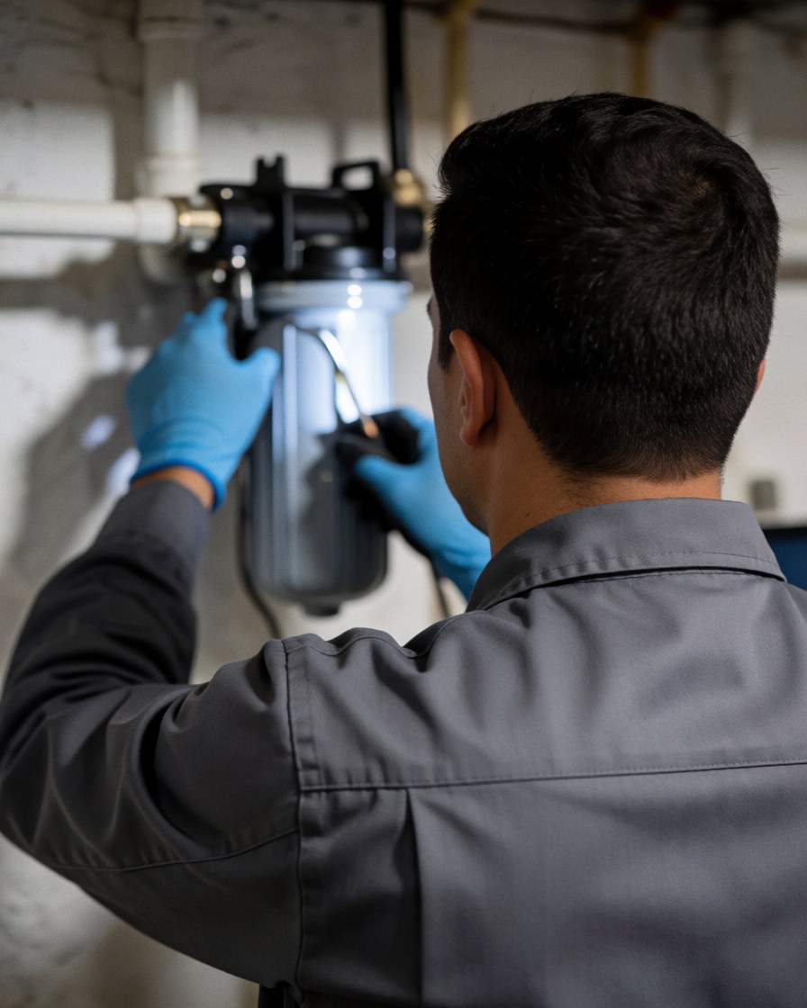 Technician adjusting a magnetic filter on a basement wall with pipes, showing boiler repair service in action.