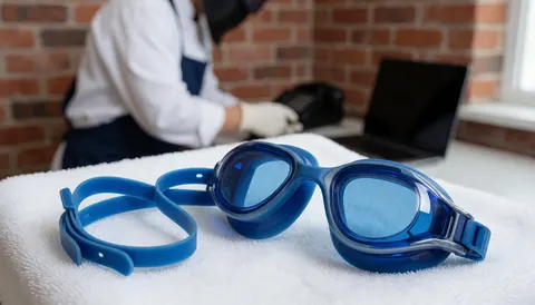 Blue swimming goggles resting on a white towel with a blurred background of a brick wall and a person working nearby.