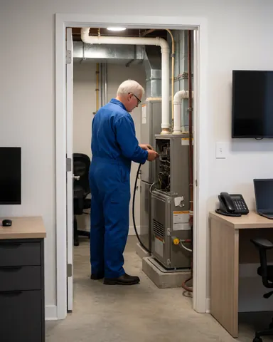 Technician in blue uniform checking industrial furnace with exposed pipes and tools visible during repair service