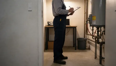 Plumber inspecting a boiler in a utility room with exposed pipes and concrete walls.