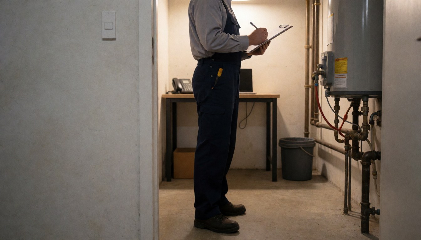 Plumber inspecting a boiler in a utility room with exposed pipes and concrete walls.