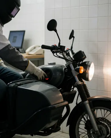 A motorcycle taxi driver starts the engine in a workshop with headlights on and a side storage box visible against white walls