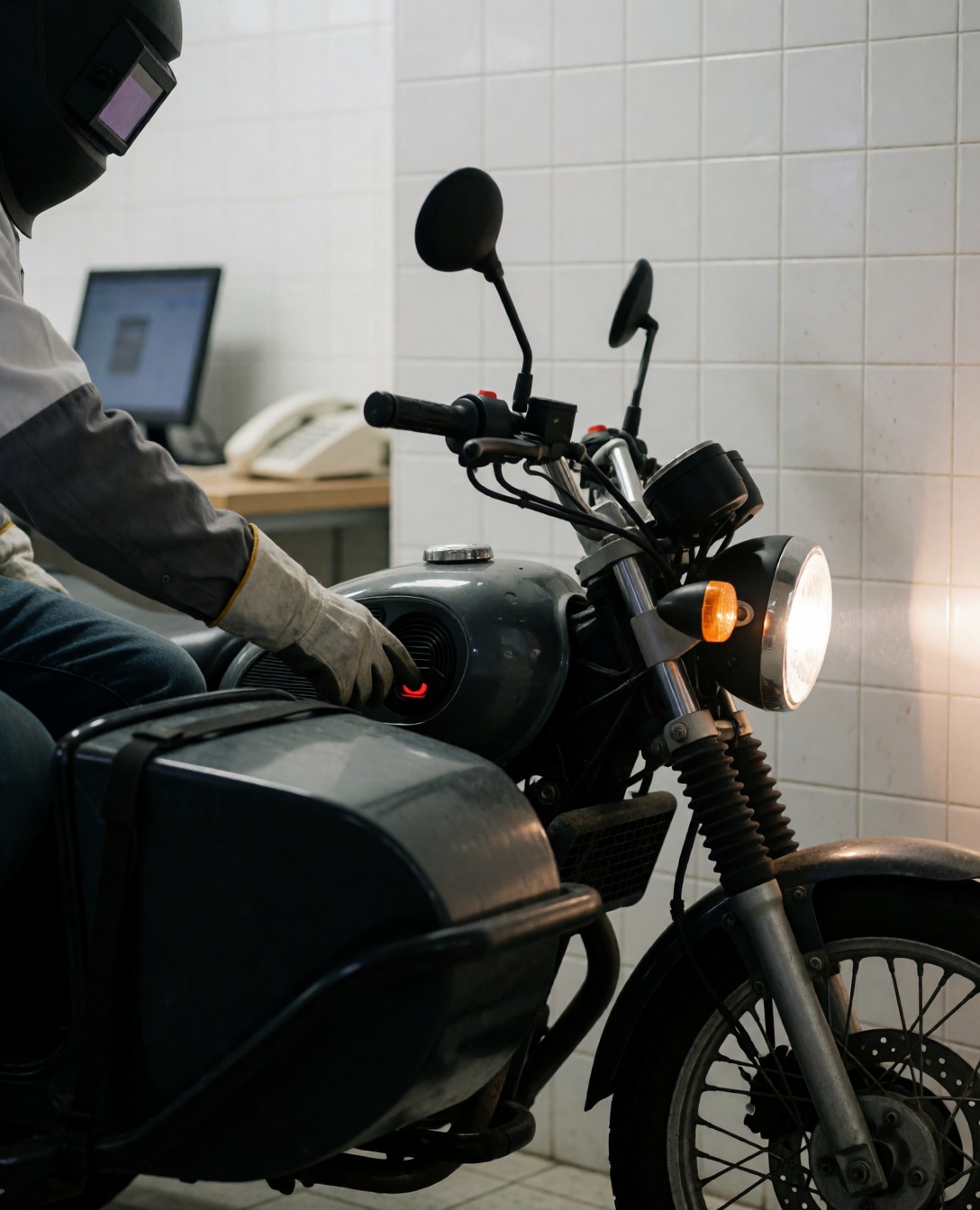 A motorcycle taxi driver starts the engine in a workshop with headlights on and a side storage box visible against white walls