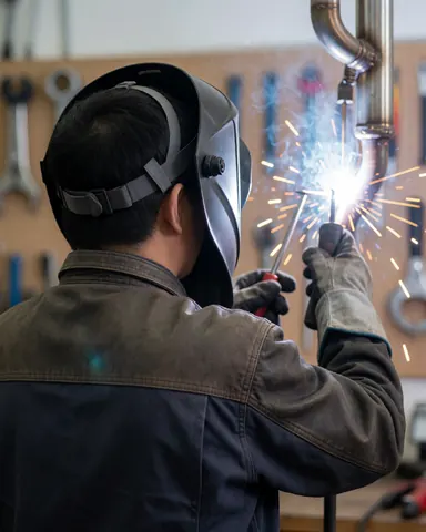Mechanic wearing welding helmet repairing exhaust system with sparks flying and tools on wall
