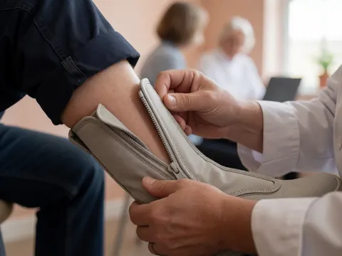 Close-up of a podiatrist's hand zipping up a postoperative shoe during a foot care consultation in a bright clinic.