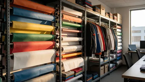 Warehouse with colorful fabric rolls on racks, hanging garments, and natural light from a window for custom printing projects