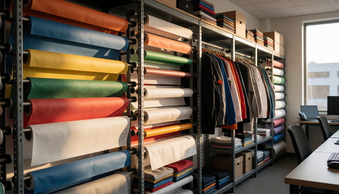 Warehouse with colorful fabric rolls on racks, hanging garments, and natural light from a window for custom printing projects
