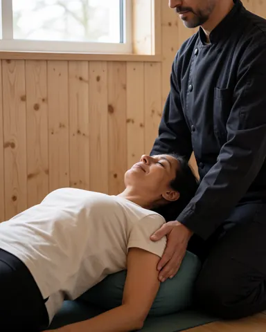 Therapist performing ayurvedic massage on a client in bridge pose on a green cushion with light wood walls and natural light