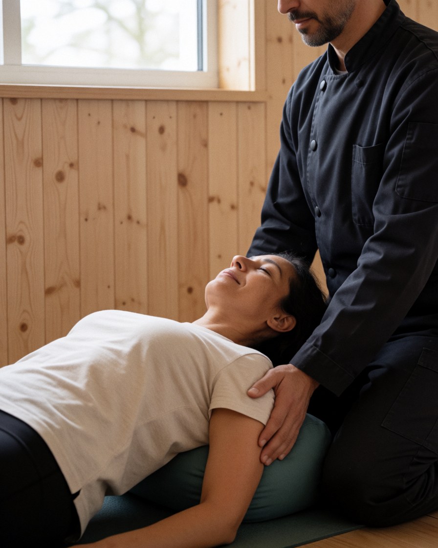 Therapist performing ayurvedic massage on a client in bridge pose on a green cushion with light wood walls and natural light