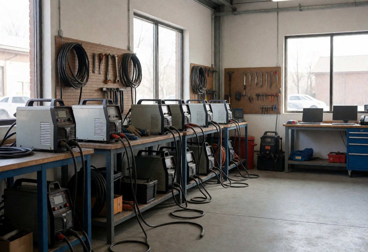 Industrial welding workshop with inverter machines, hanging cables and tools, lit by natural light from large windows
