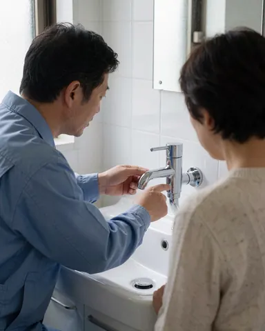 A plumber in a blue uniform displays a newly installed chrome faucet to a client in a bathroom with white tiles and natural light.
