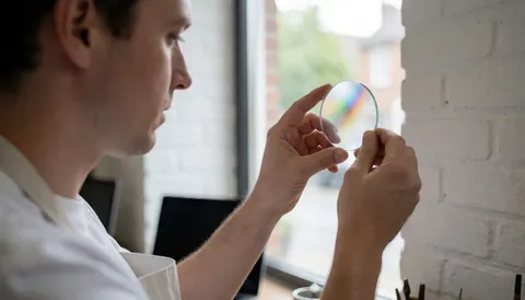 Watchmaker examining a round glass with a rainbow reflection near a window and white brick wall in a watch repair workshop
