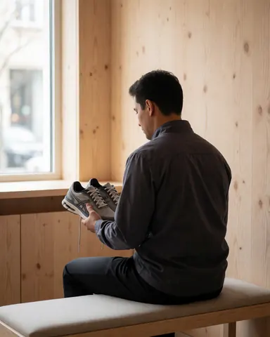 A man sits on a bench examining a pair of new running shoes near a window in an athletic store.