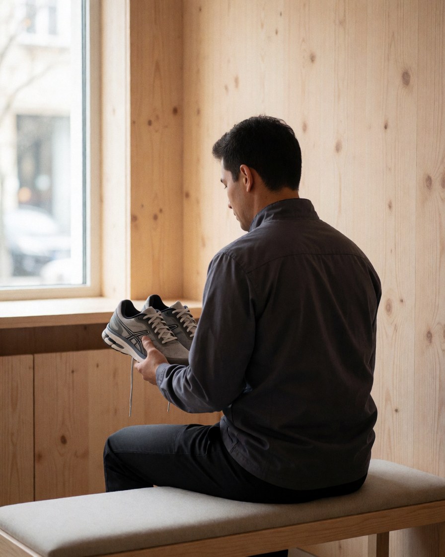 A man sits on a bench examining a pair of new running shoes near a window in an athletic store.