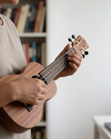 Close-up of hands demonstrating proper finger placement on ukulele strings in a bright room with bookshelves and natural light