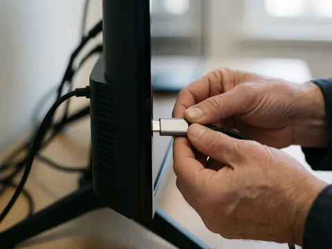 Close-up of technician hands connecting a usb-c cable to the side port of a television during repair work in an office setting
