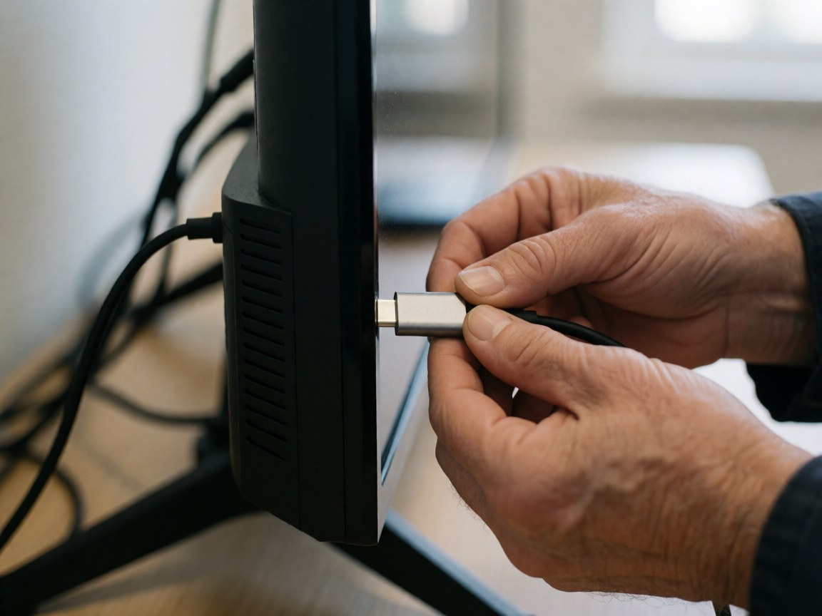 Close-up of technician hands connecting a usb-c cable to the side port of a television during repair work in an office setting