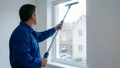 Professional window cleaner using a squeegee on a glass pane against a white wall with bright lighting