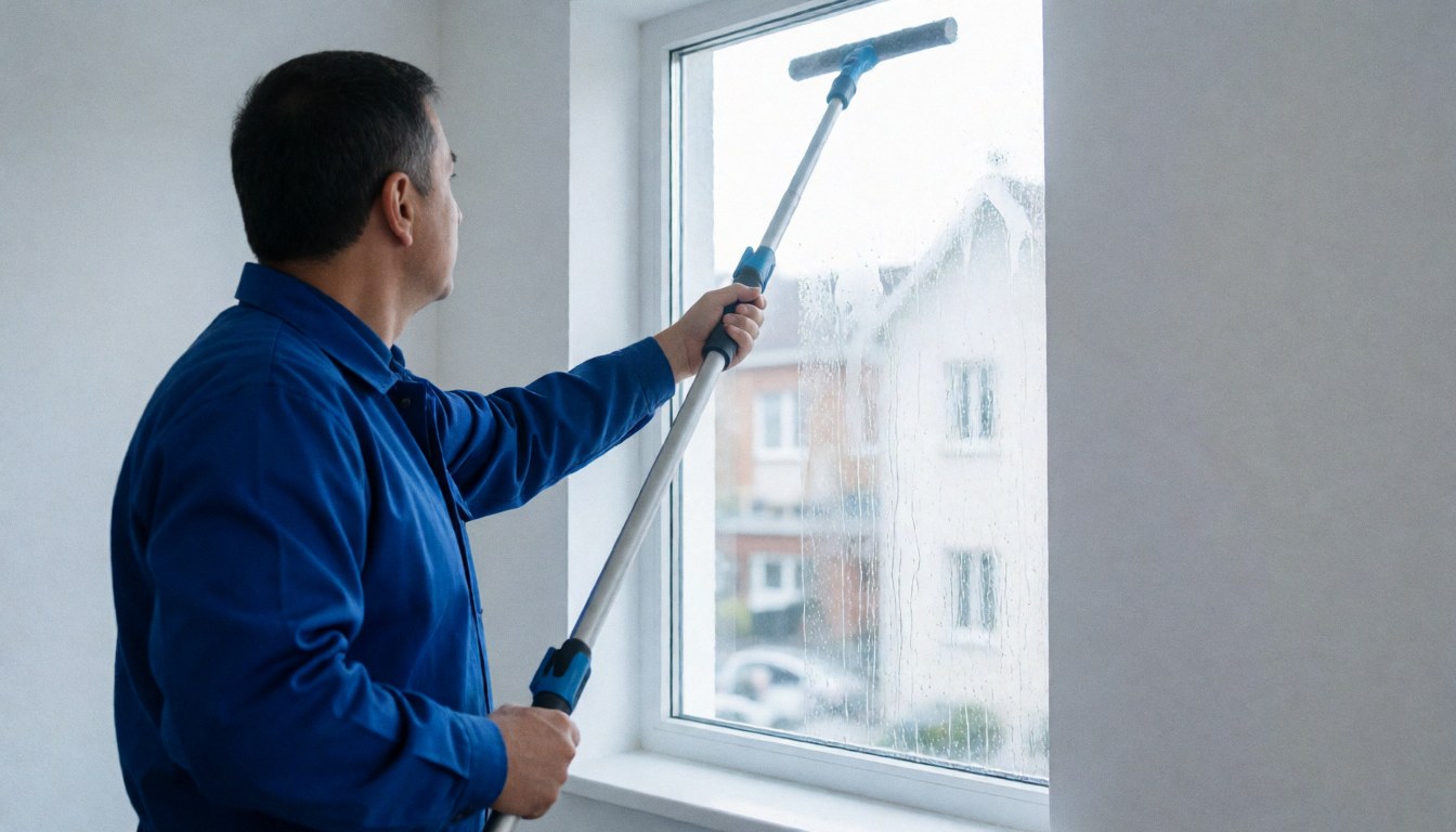 Professional window cleaner using a squeegee on a glass pane against a white wall with bright lighting