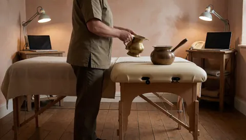 Therapist performing ayurvedic steam massage with bronze utensils on a table in a terracotta room