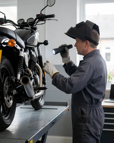 Mechanic wearing a welding helmet inspects a motorcycle using a flashlight in a workshop with gray walls.