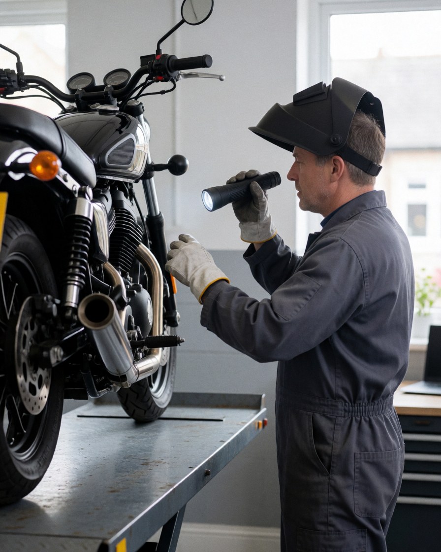 Mechanic wearing a welding helmet inspects a motorcycle using a flashlight in a workshop with gray walls.