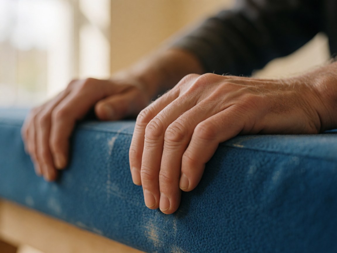 Close-up of adult hands holding a textured blue gymnastics mat under natural light with a blurred background