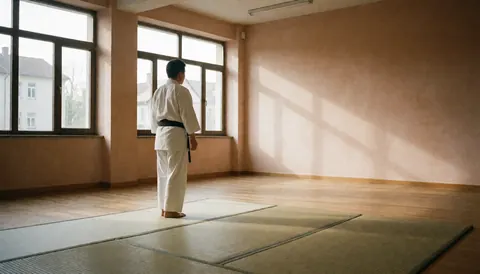 Adult in white uniform and black belt standing on tatami in dojo with terracotta walls and large windows letting in sunlight