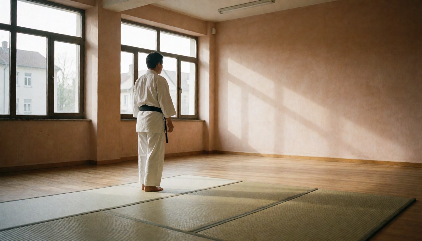 Adult in white uniform and black belt standing on tatami in dojo with terracotta walls and large windows letting in sunlight