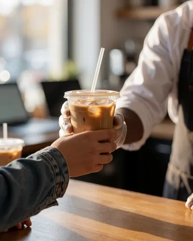 Barista hands iced coffee in plastic cup to customer at wooden table in natural light
