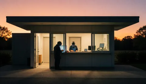 Modern booth interior with people working on computers at sunset, warm interior lights and purple and orange sky