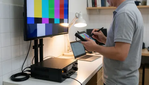 Technician checking tv with test pattern using a tablet in a workshop with white tiled walls and warm light.