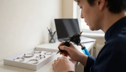 A professional tattoo artist performing a tattoo in a clean, well-lit studio with visible tools and natural lighting.