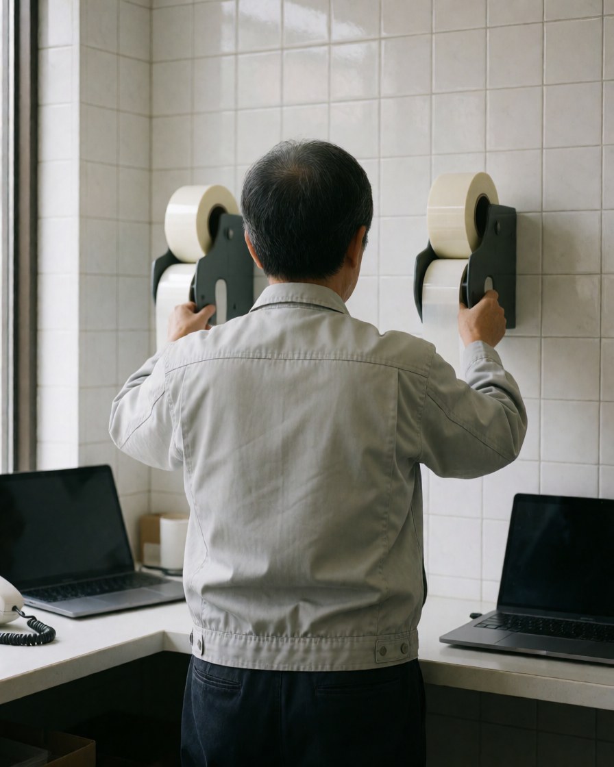 A worker installs tape dispensers on a white tiled wall with laptops on the desk, preparing the team's office equipment.