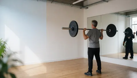 A man lifts a barbell in a gym with mirrors and wooden floors, lit by natural light.