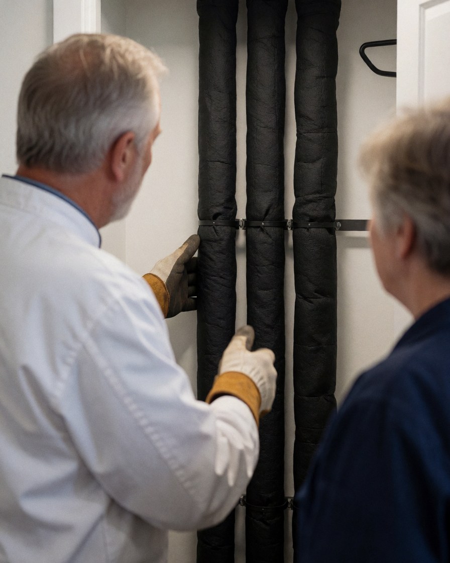Technician wearing gloves displays black insulated pipes to a client in a closet with white walls and soft lighting during a heating installation.