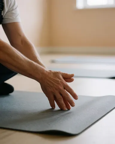 Close-up of hands stretching on a gray yoga mat in a gym with beige walls and natural light, preparing for a climbing class.